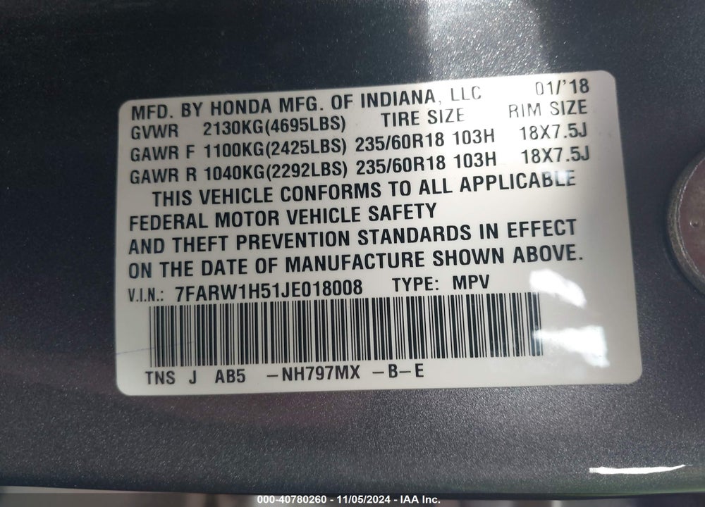2018 HONDA CR-V EX VIN: 7FARW1H51JE018008