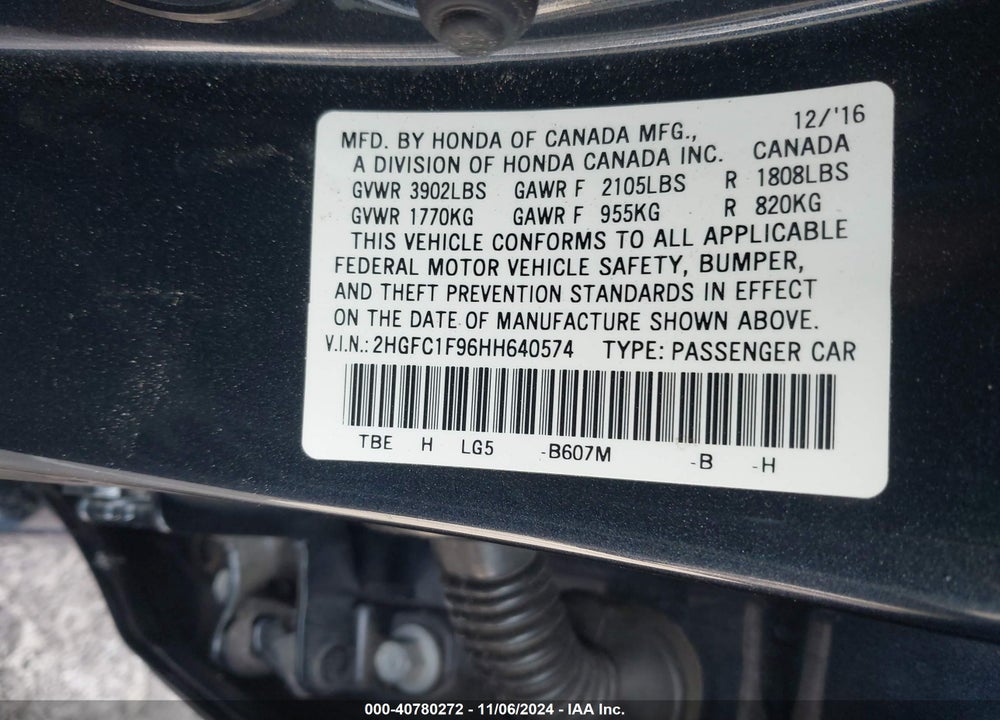 2017 HONDA CIVIC TOURING VIN: 2HGFC1F96HH640574