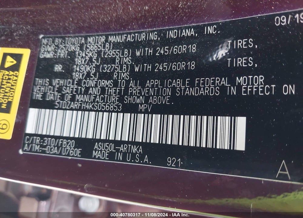 2019 TOYOTA HIGHLANDER LE VIN: 5TDZARFH4KS056853