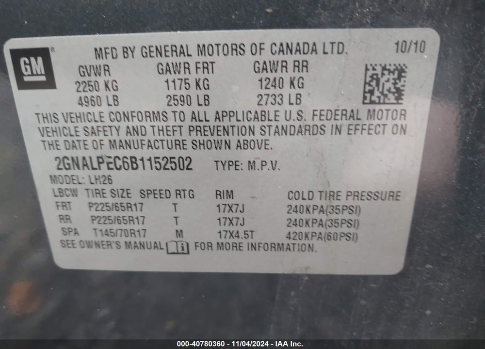 2011 CHEVROLET EQUINOX 2LT VIN: 2GNALPEC6B1152502