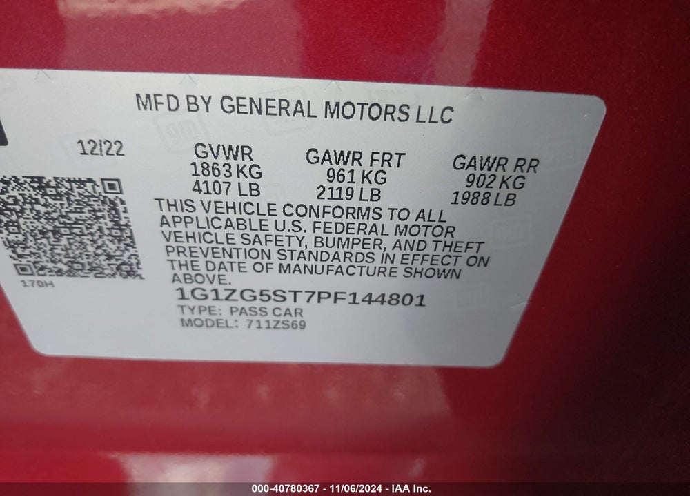 2023 CHEVROLET MALIBU FWD RS VIN: 1G1ZG5ST7PF144801