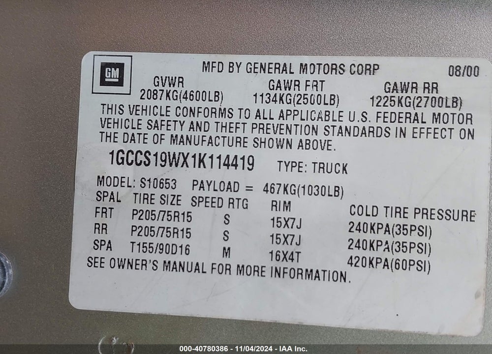 2001 CHEVROLET S-10 LS VIN: 1GCCS19WX1K114419