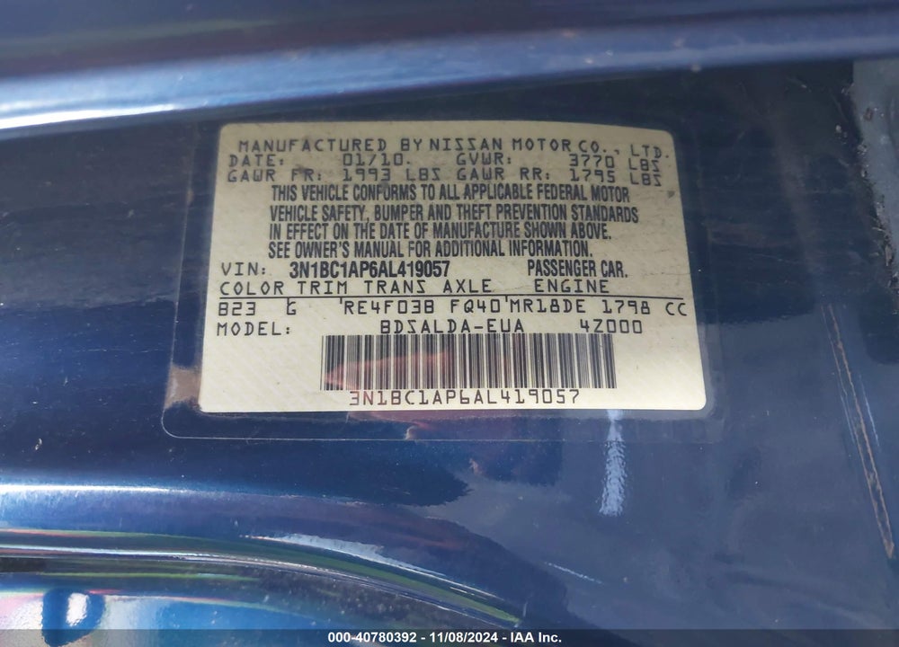 2010 NISSAN VERSA 1.8S VIN: 3N1BC1AP6AL419057