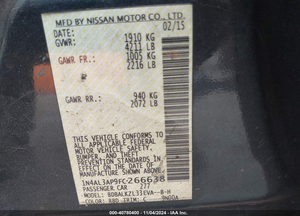 2015 NISSAN ALTIMA VIN: 1N4AL3AP9FC266638