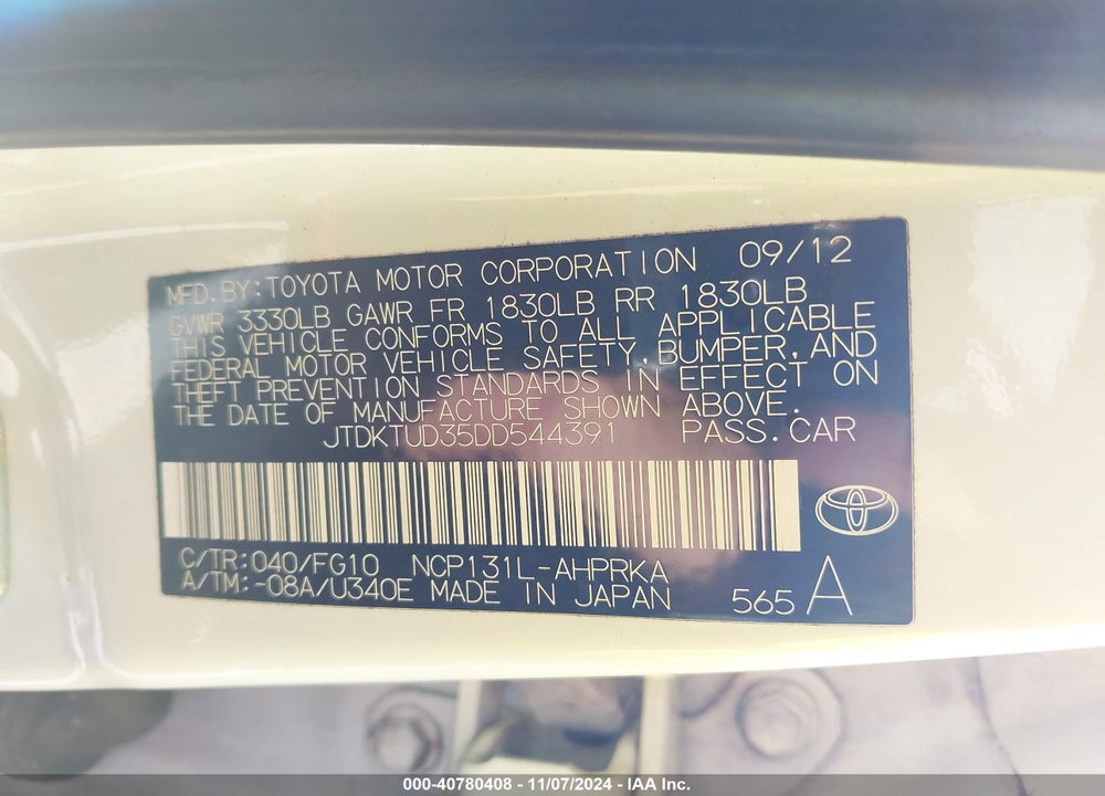 2013 TOYOTA YARIS LE VIN: JTDKTUD35DD544391