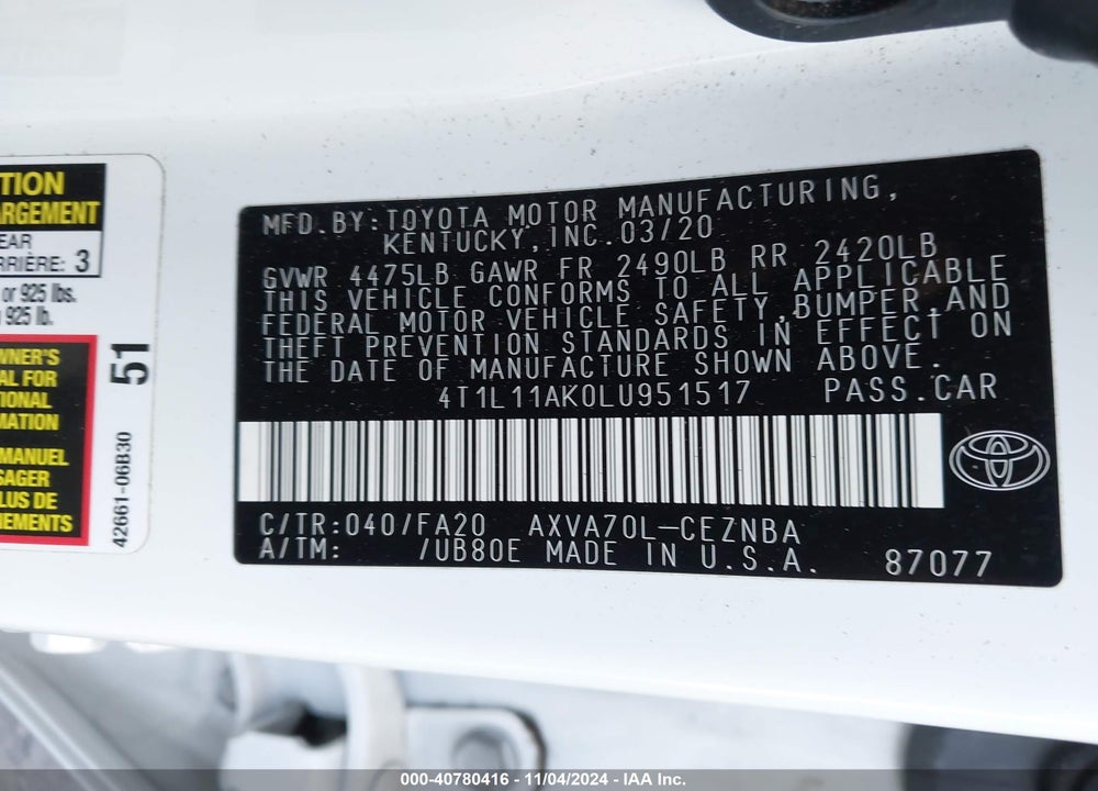 2020 TOYOTA CAMRY LE VIN: 4T1L11AK0LU951517