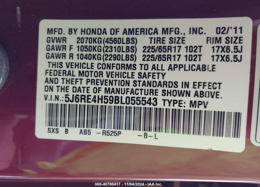 2011 HONDA CR-V EX VIN: 5J6RE4H59BL055543
