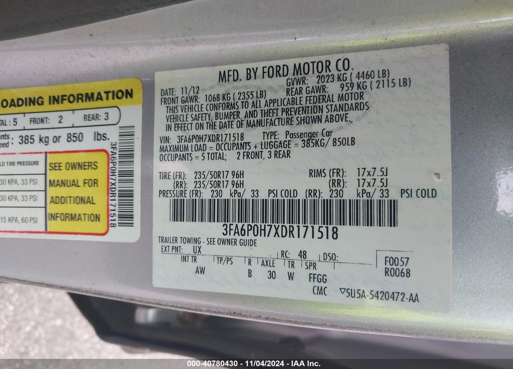 2013 FORD FUSION SE VIN: 3FA6P0H7XDR171518