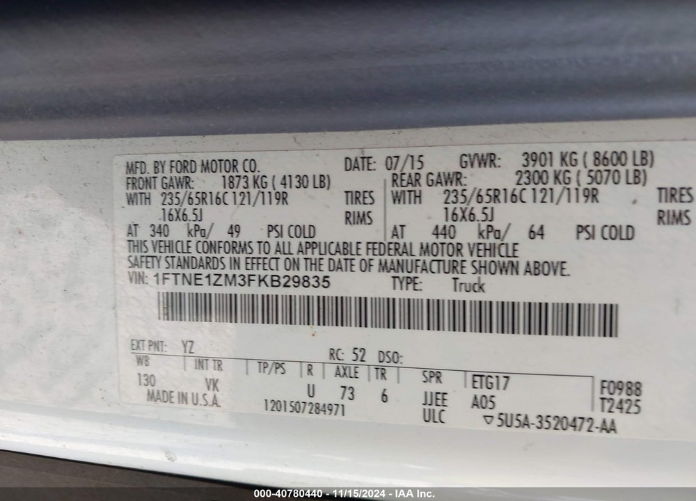 2015 FORD TRANSIT-150 VIN: 1FTNE1ZM3FKB29835