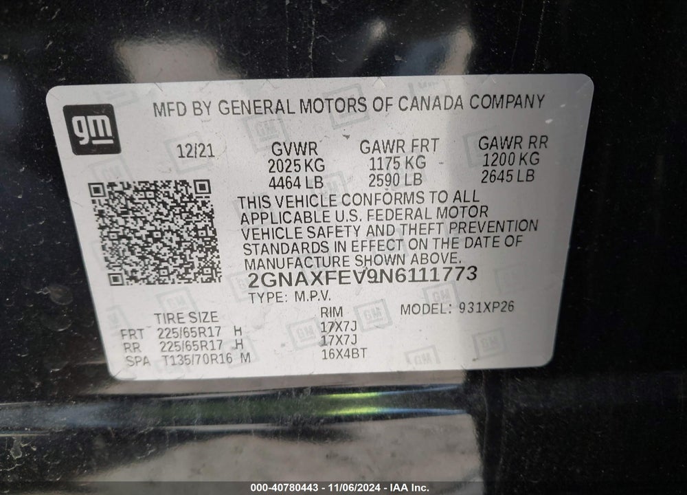 2022 CHEVROLET EQUINOX FWD 1FL VIN: 2GNAXFEV9N6111773
