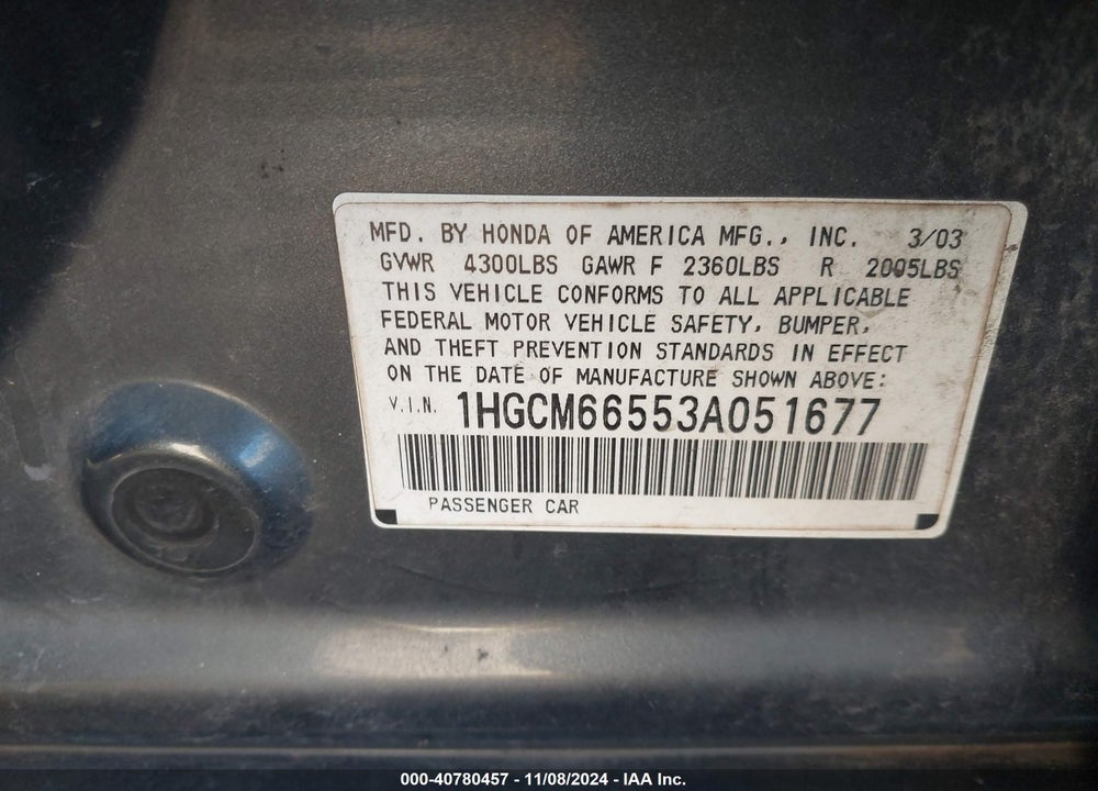 2003 HONDA ACCORD 3.0 EX VIN: 1HGCM66553A051677