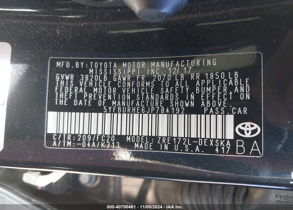 2018 TOYOTA COROLLA SE VIN: 5YFBURHE6JP784192
