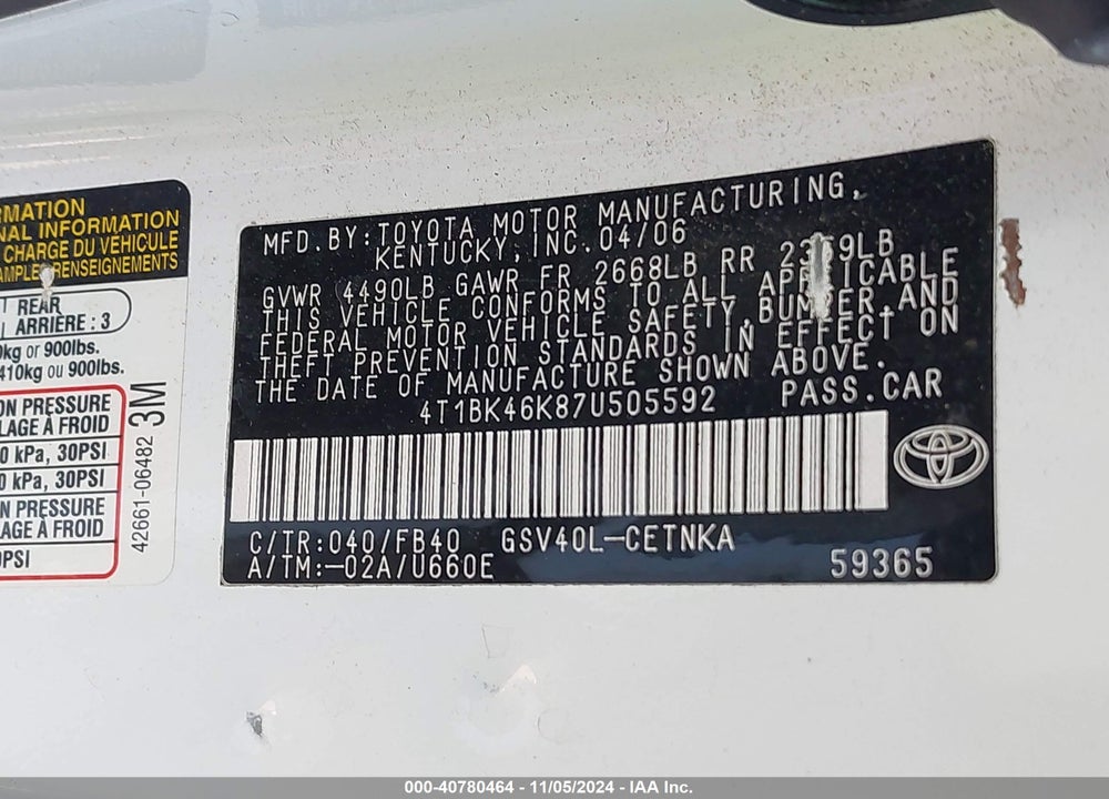 2007 TOYOTA CAMRY LE V6 VIN: 4T1BK46K87U505592