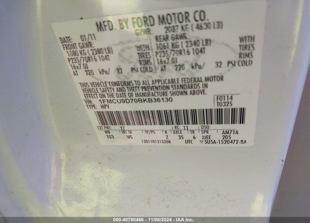 2011 FORD ESCAPE XLT VIN: 1FMCU9D70BKB36130
