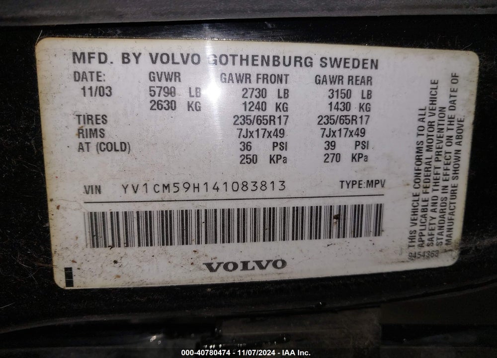 2004 VOLVO XC90 2.5T AWD VIN: YV1CM59H141083813