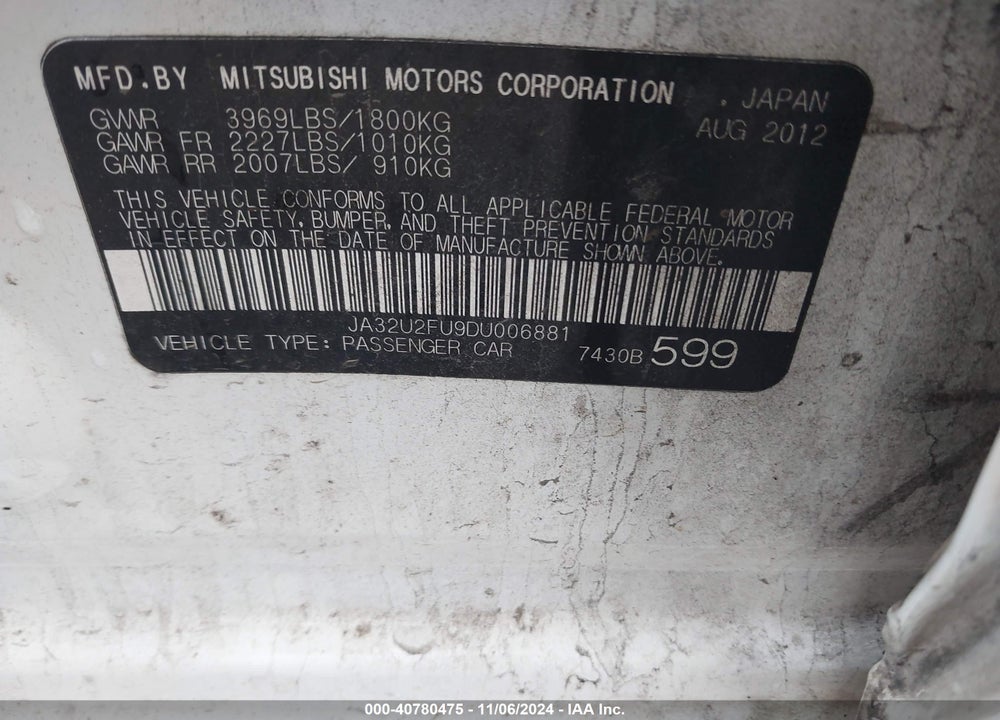 2013 MITSUBISHI LANCER ES VIN: JA32U2FU9DU006881