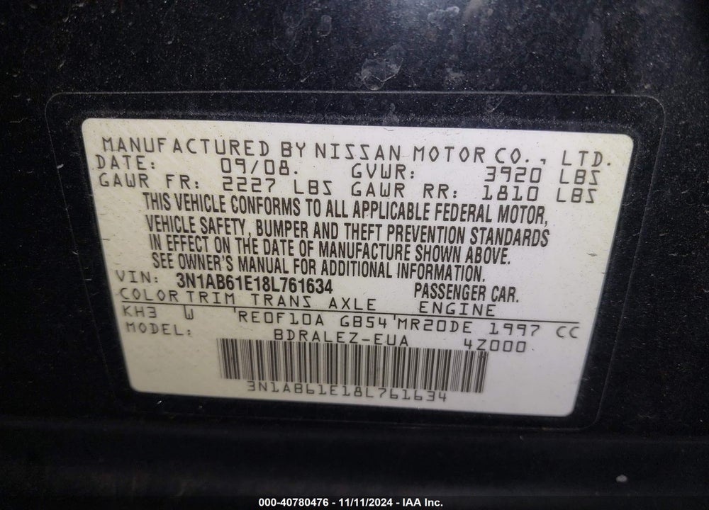 2008 NISSAN SENTRA 2.0S VIN: 3N1AB61E18L761634