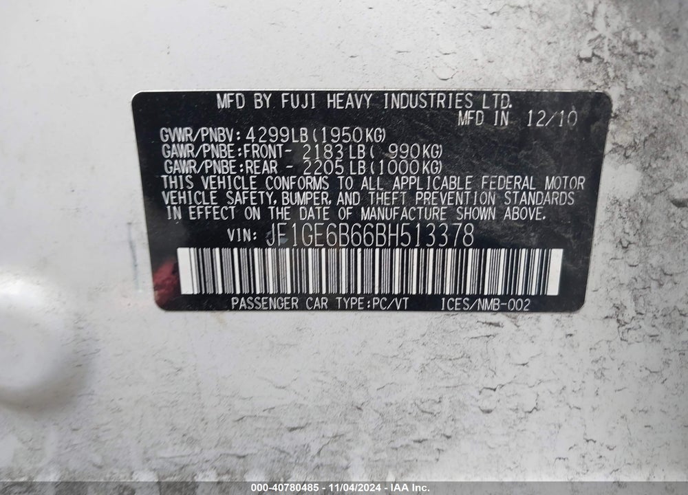 2011 SUBARU IMPREZA 2.5I PREMIUM VIN: JF1GE6B66BH513378