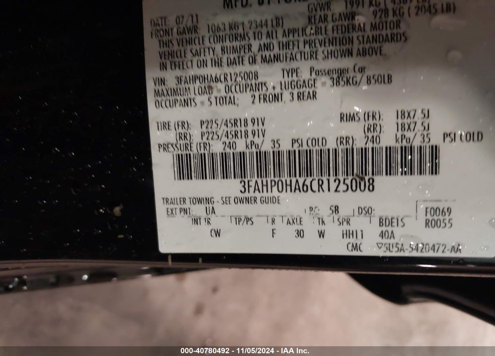 2012 FORD FUSION SE VIN: 3FAHP0HA6CR125008