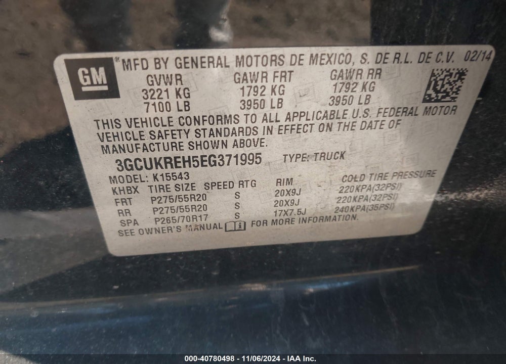 2014 CHEVROLET SILVERADO 1500 1LT VIN: 3GCUKREH5EG371995