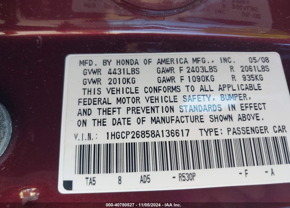 2008 HONDA ACCORD 2.4 EX-L VIN: 1HGCP26858A136617