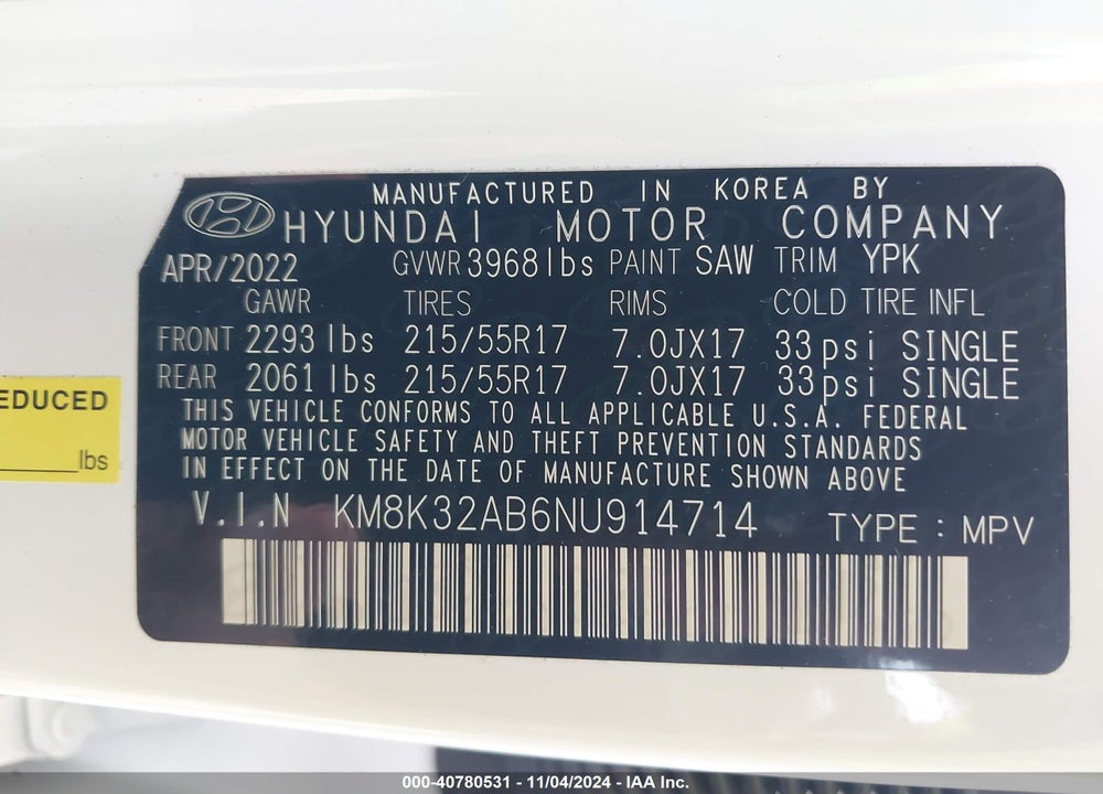 2022 HYUNDAI KONA SEL VIN: KM8K32AB6NU914714