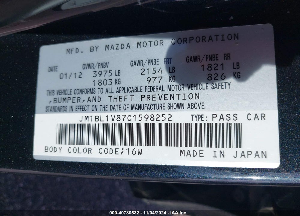 2012 MAZDA 3 I TOURING VIN: JM1BL1V87C1598252