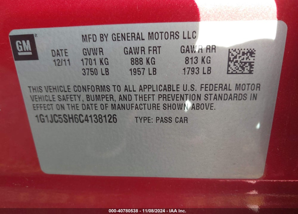 2012 CHEVROLET SONIC 2LT VIN: 1G1JC5SH6C4138126