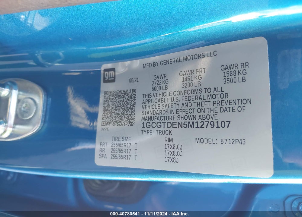 2021 CHEVROLET COLORADO 4WD SHORT BOX Z71 VIN: 1GCGTDEN5M1279107