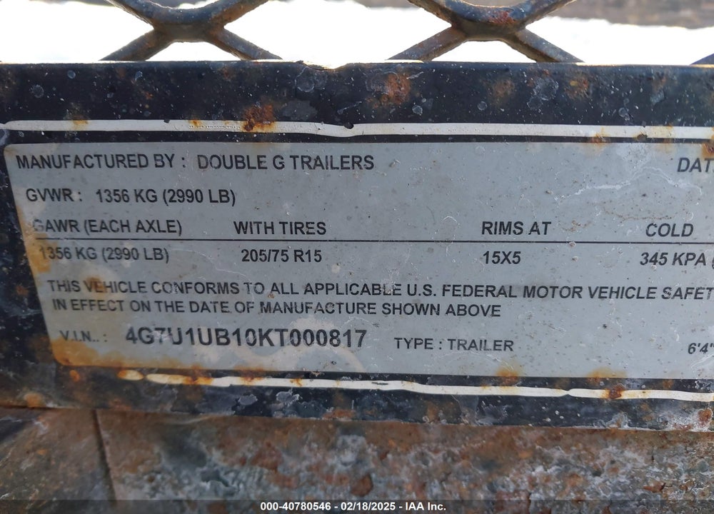 2019 DOUBLE G TRAILERS UTILITY TRAILER VIN: 4G7U1UB10KT000817