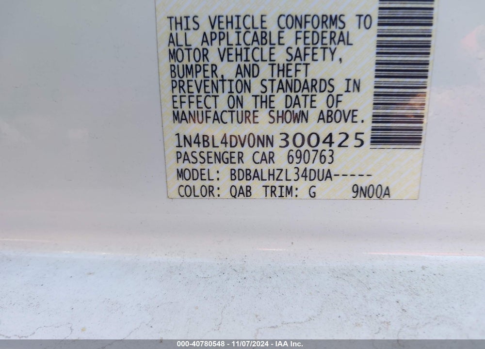 2022 NISSAN ALTIMA SV FWD VIN: 1N4BL4DV0NN300425