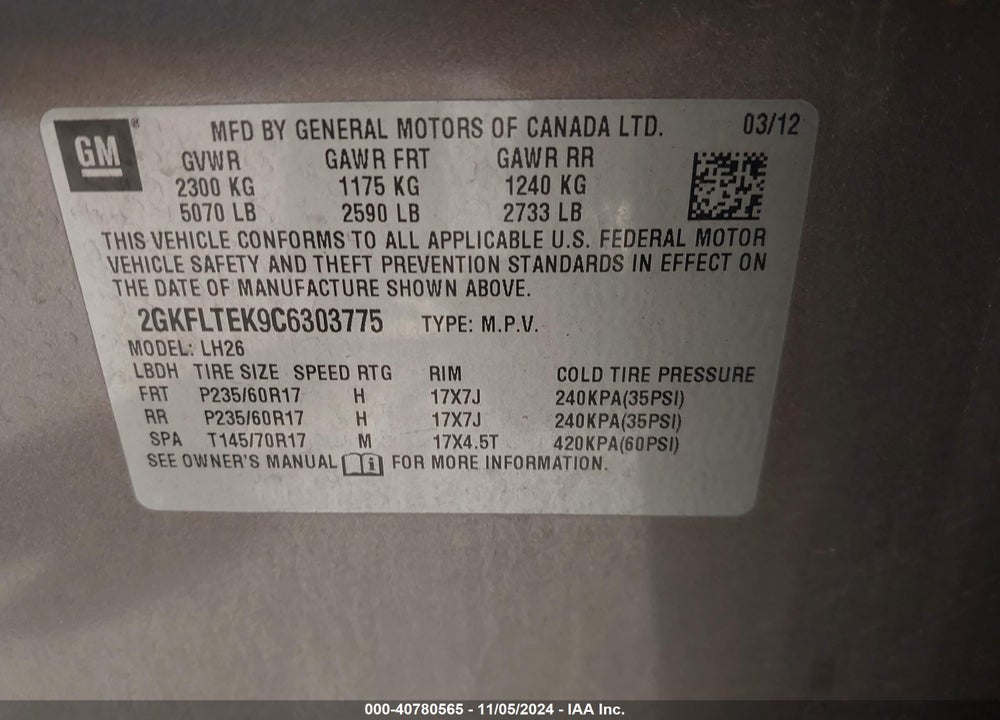 2012 GMC TERRAIN SLE-2 VIN: 2GKFLTEK9C6303775