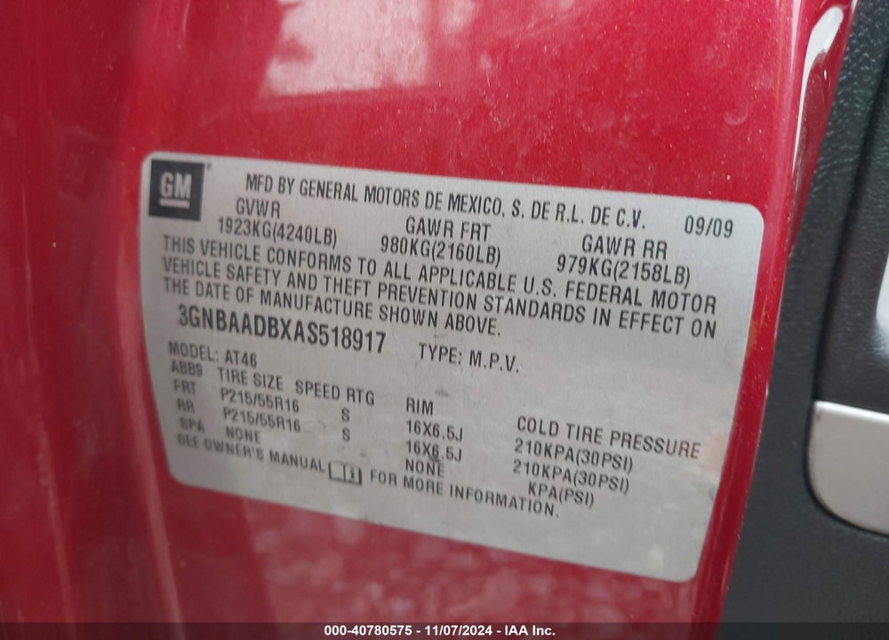2010 CHEVROLET HHR LS VIN: 3GNBAADBXAS518917