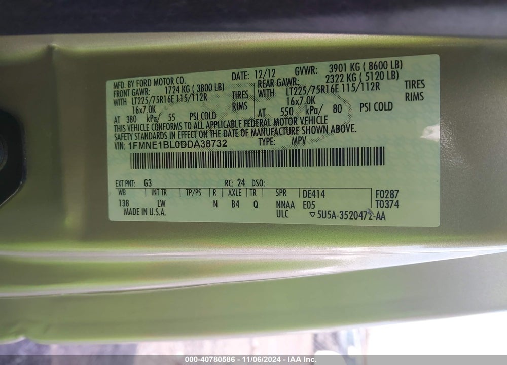 2013 FORD E-150 XLT VIN: 1FMNE1BL0DDA38732