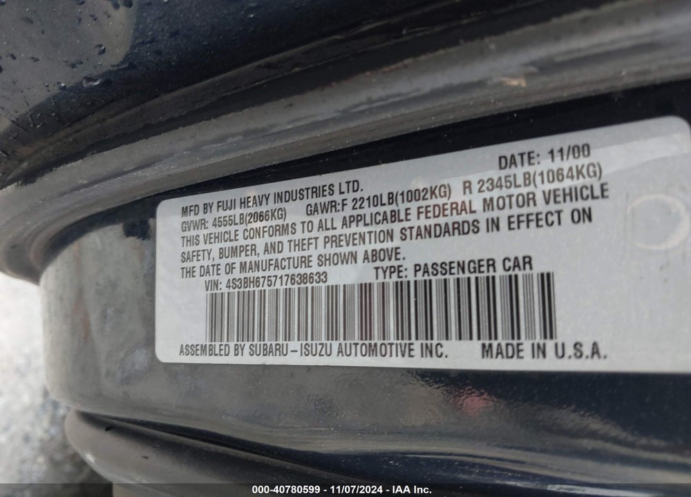 2001 SUBARU OUTBACK VIN: 4S3BH675717638633