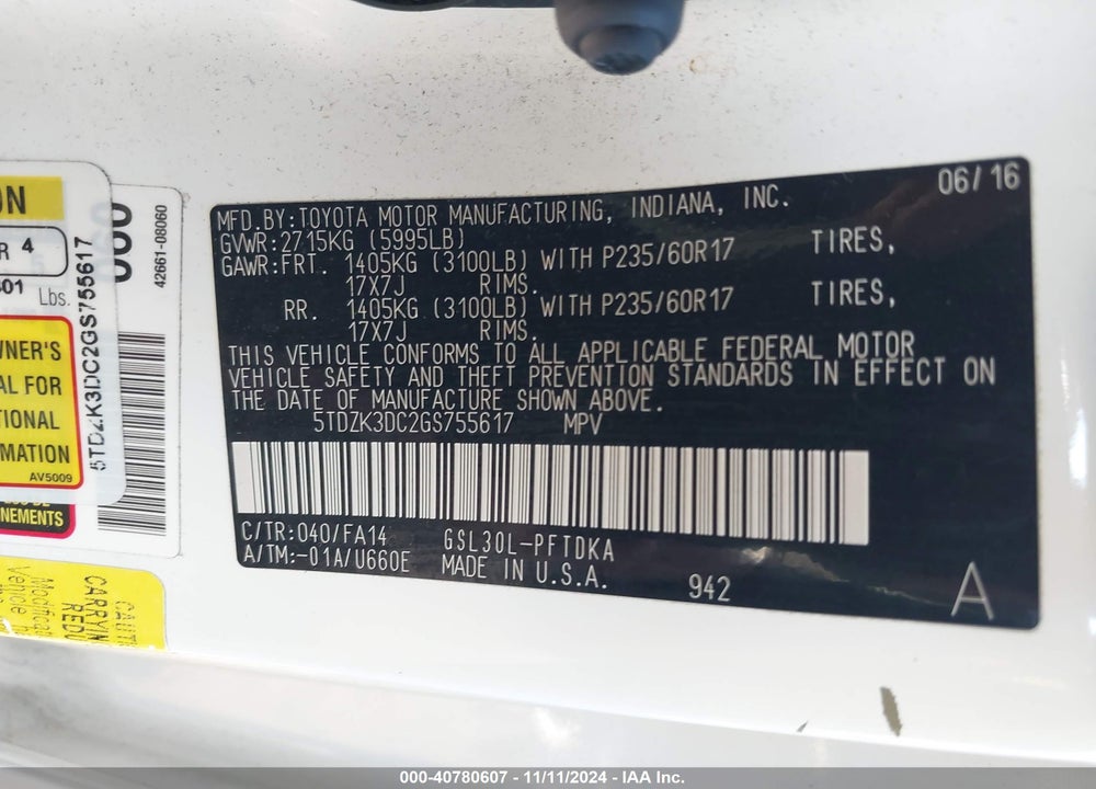 2016 TOYOTA SIENNA L 7 PASSENGER VIN: 5TDZK3DC2GS755617