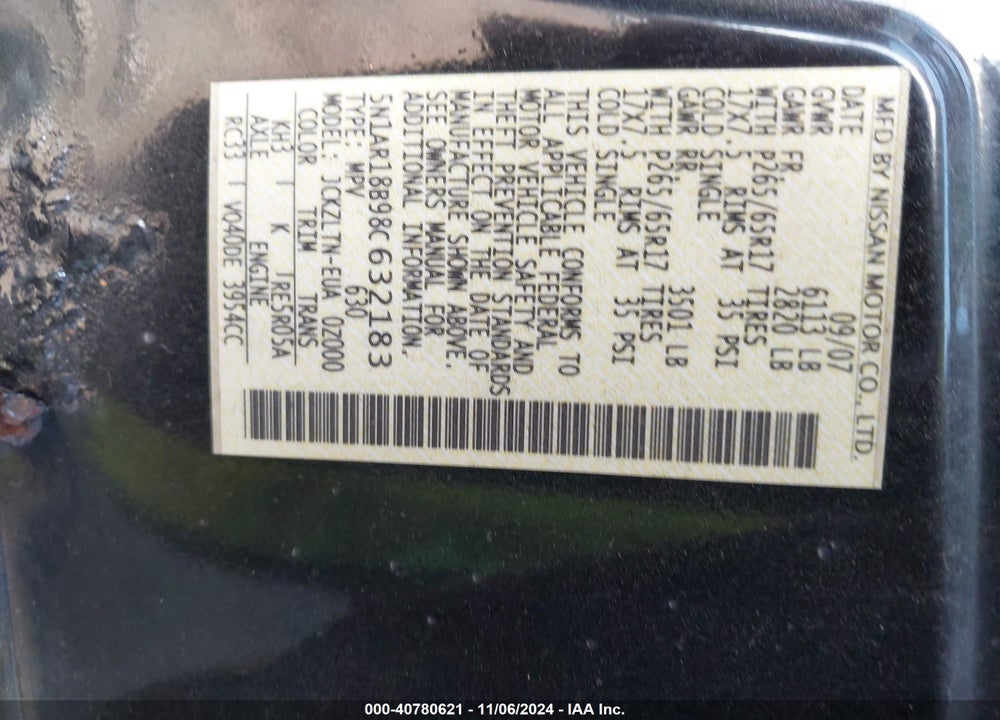 2008 NISSAN PATHFINDER SE VIN: 5N1AR18B98C632183