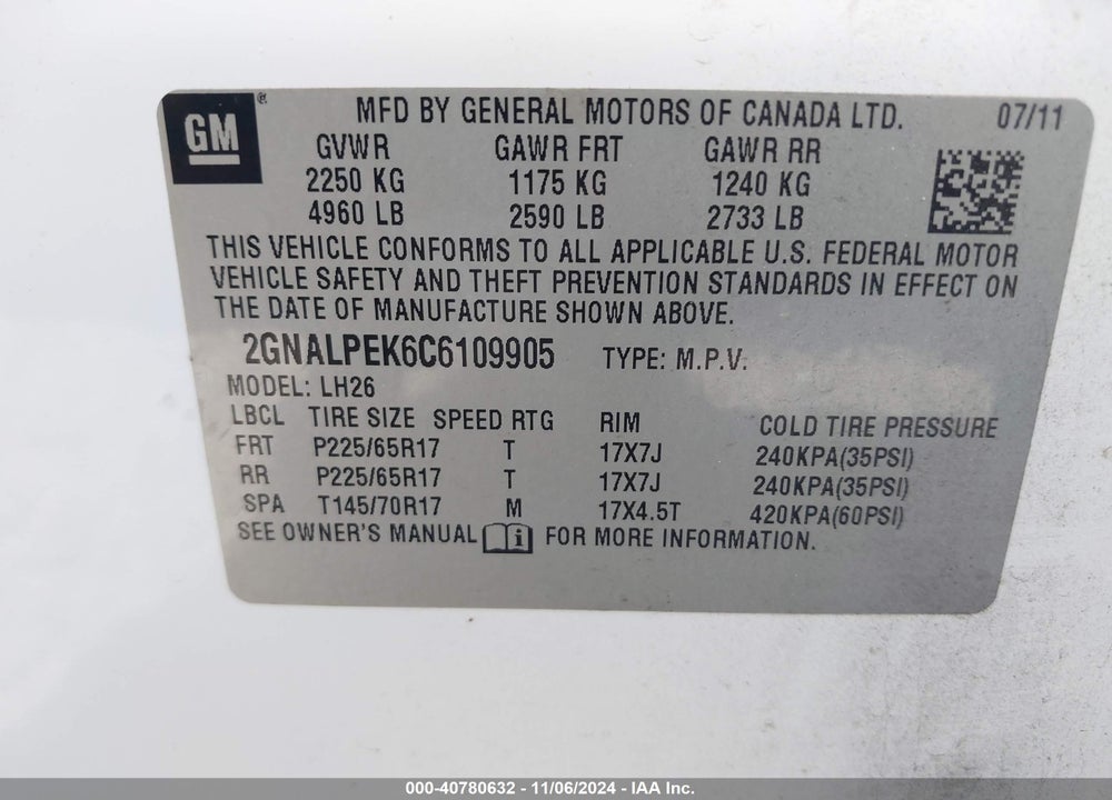 2012 CHEVROLET EQUINOX 2LT VIN: 2GNALPEK6C6109905
