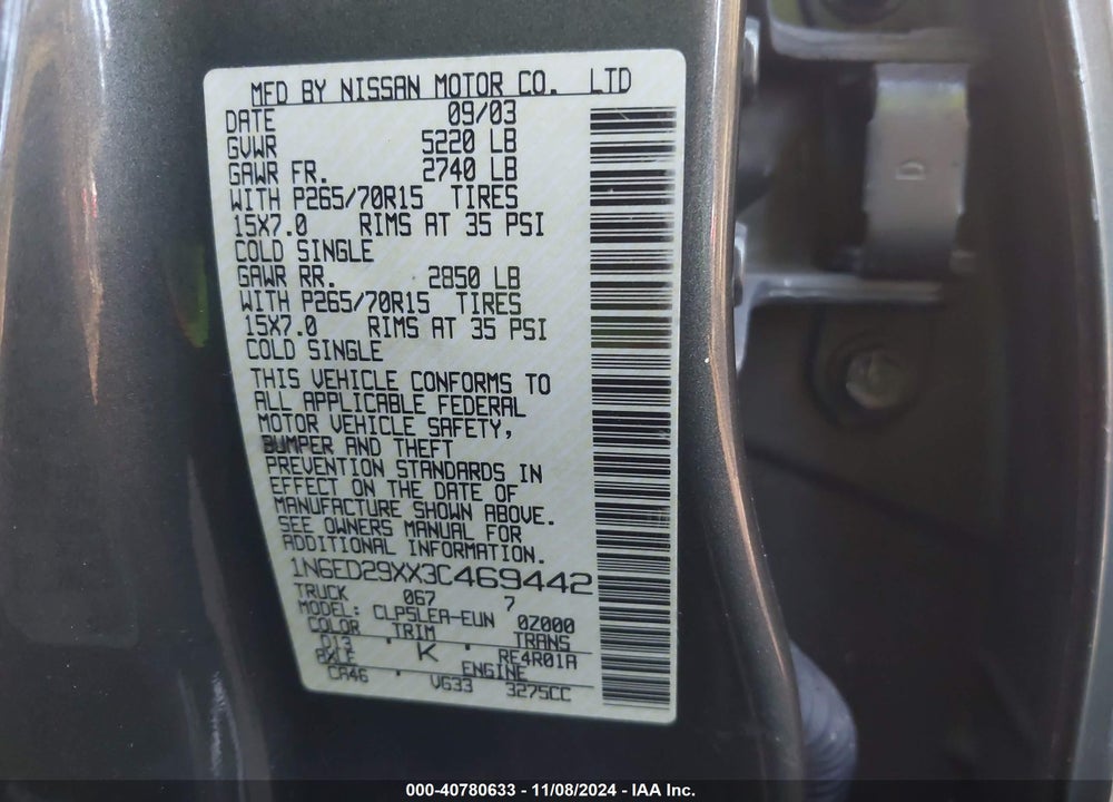2003 NISSAN FRONTIER XE-V6 VIN: 1N6ED29XX3C469442
