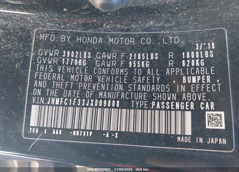 2018 HONDA CIVIC EX-T VIN: JHMFC1F33JX009808