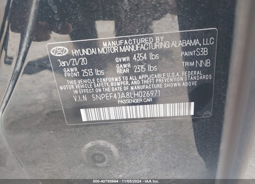 2020 HYUNDAI SONATA SEL VIN: 5NPEF4JA8LH026971
