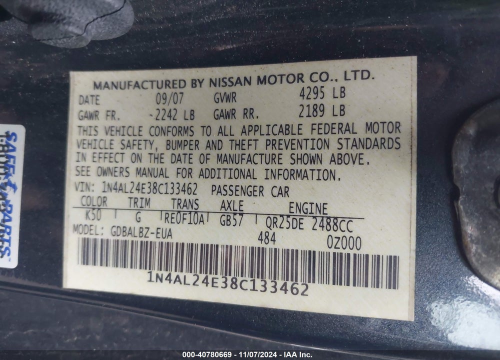 2008 NISSAN ALTIMA 2.5 S VIN: 1N4AL24E38C133462
