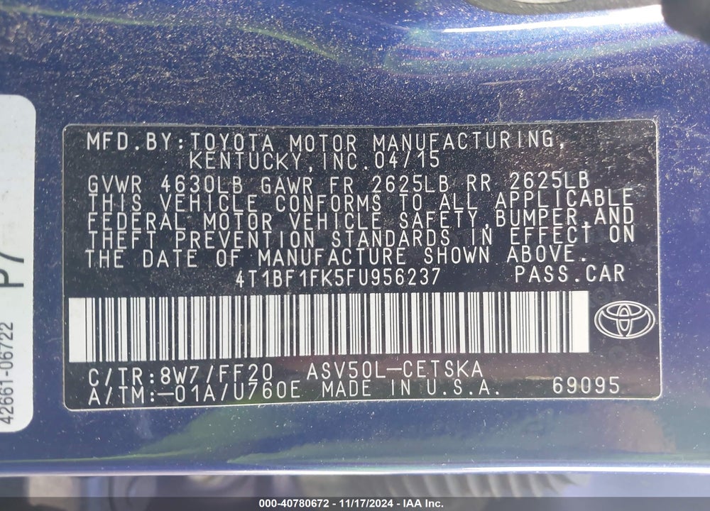 2015 TOYOTA CAMRY SE VIN: 4T1BF1FK5FU956237
