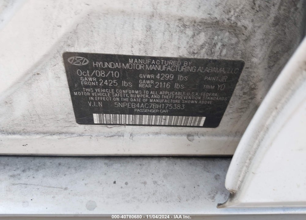 2011 HYUNDAI SONATA GLS VIN: 5NPEB4AC7BH175383