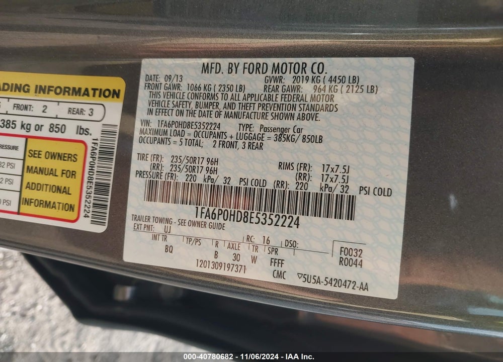 2014 FORD FUSION SE VIN: 1FA6P0HD8E5352224
