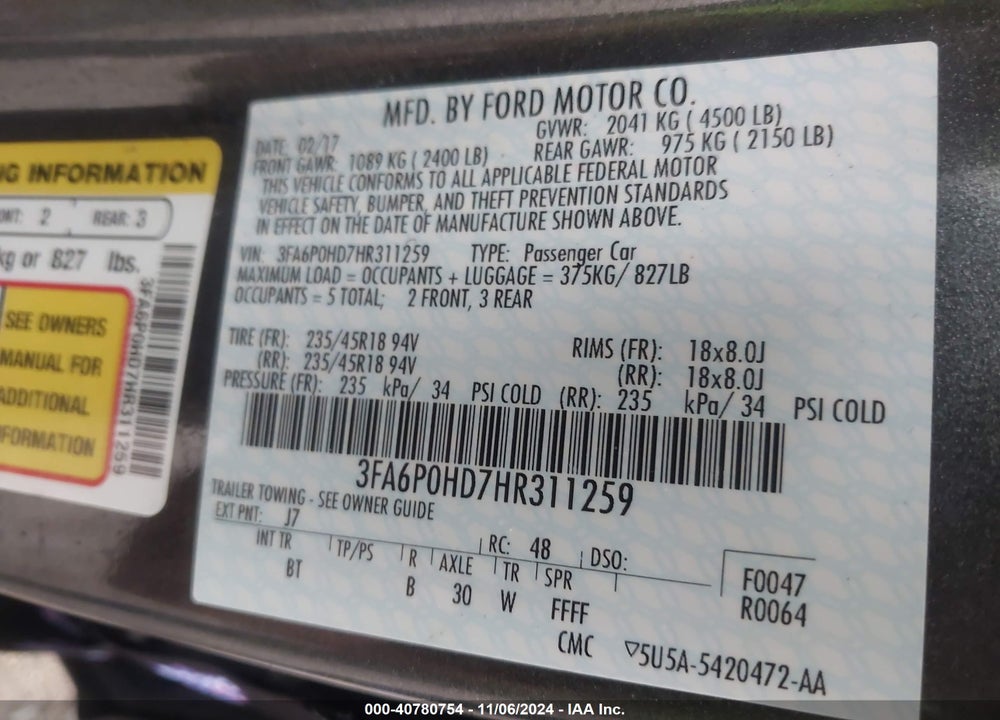 2017 FORD FUSION SE VIN: 3FA6P0HD7HR311259