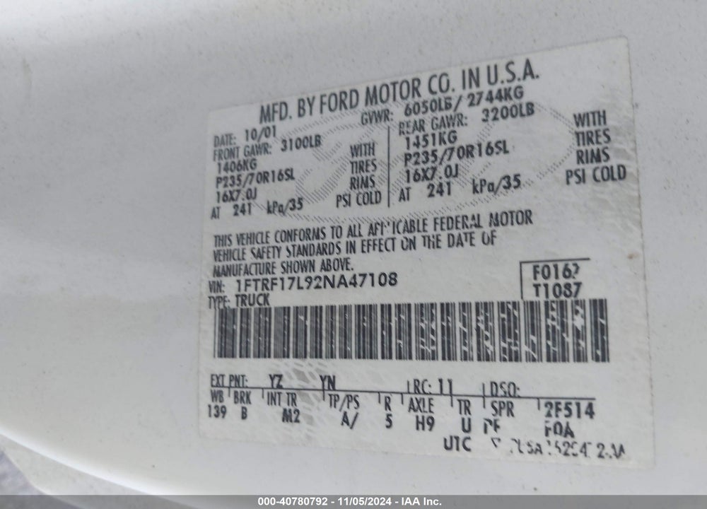 2002 FORD F-150 XL/XLT VIN: 1FTRF17L92NA47108