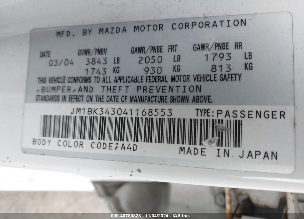2004 MAZDA 3 S VIN: JM1BK343041168553