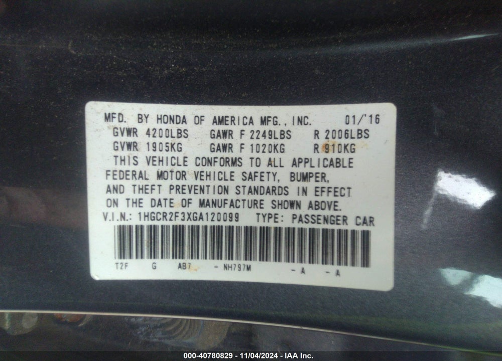 2016 HONDA ACCORD LX VIN: 1HGCR2F3XGA120099