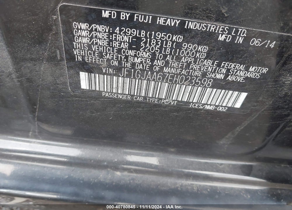 2014 SUBARU IMPREZA 2.0I VIN: JF1GJAA67EH023598